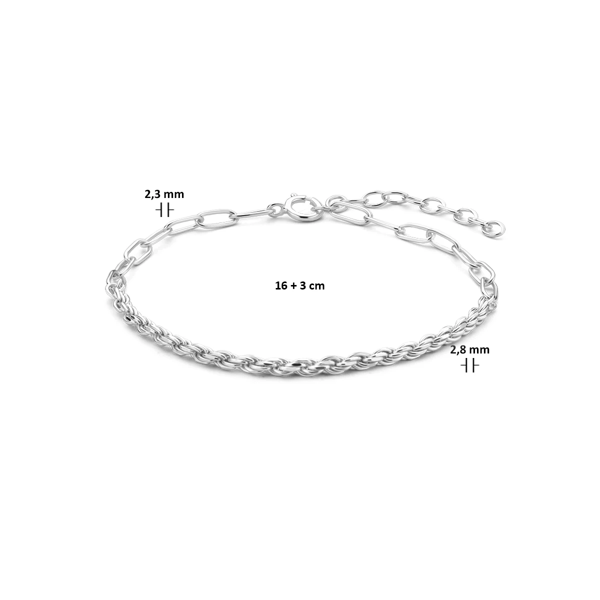 armband paperclip en koord 2,8 mm 16 + 3 cm zilver gerhodineerd