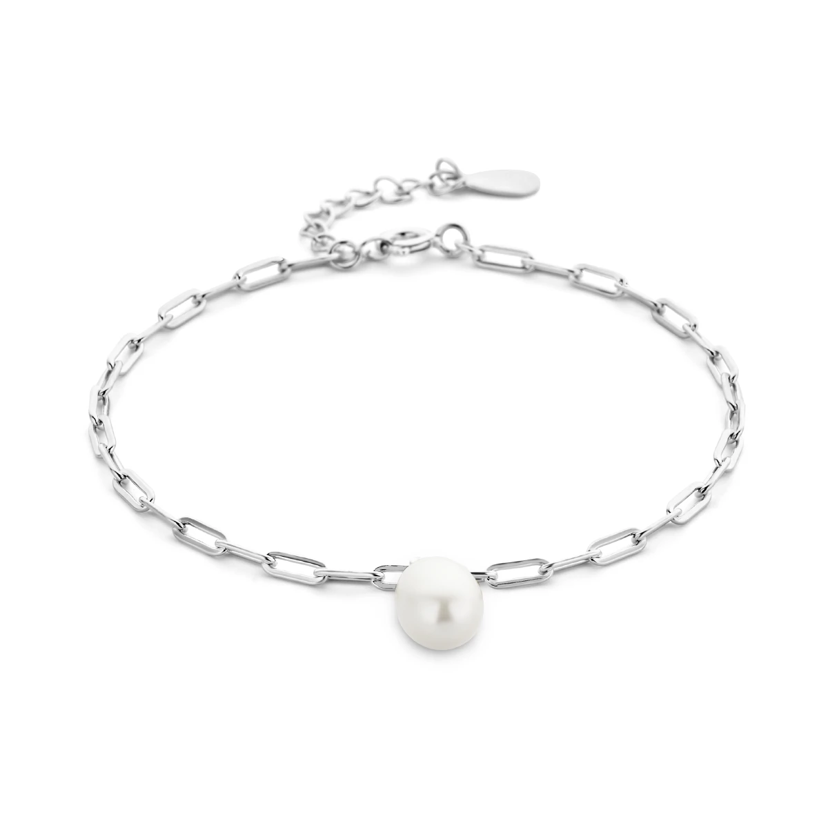 armband paperclip en parel 16 + 3 cm zilver gerhodineerd