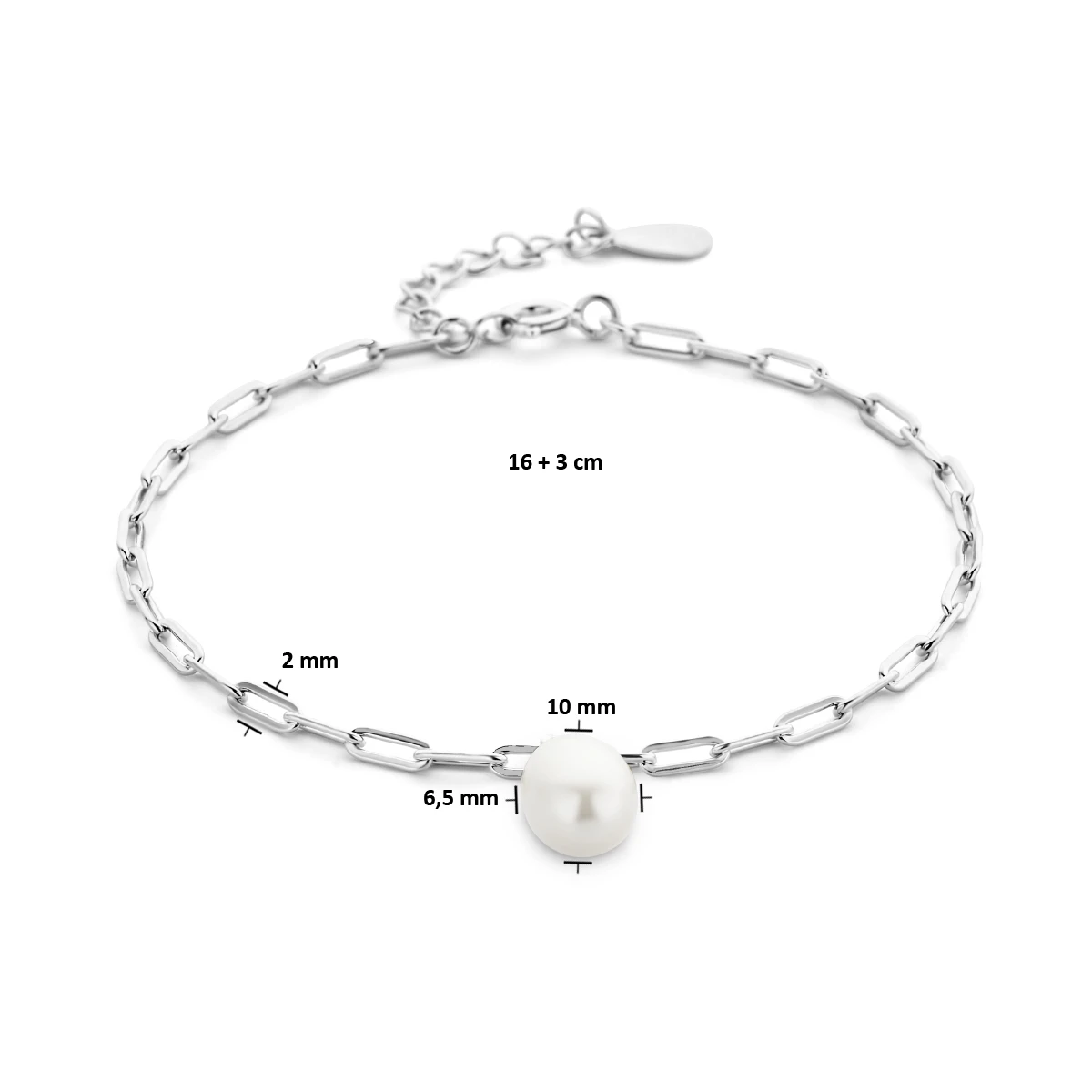 armband paperclip en parel 16 + 3 cm zilver gerhodineerd