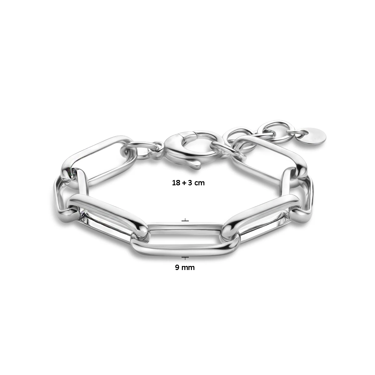 armband paperclip half ronde buis 9 mm 18 + 3 cm zilver gerhodineerd