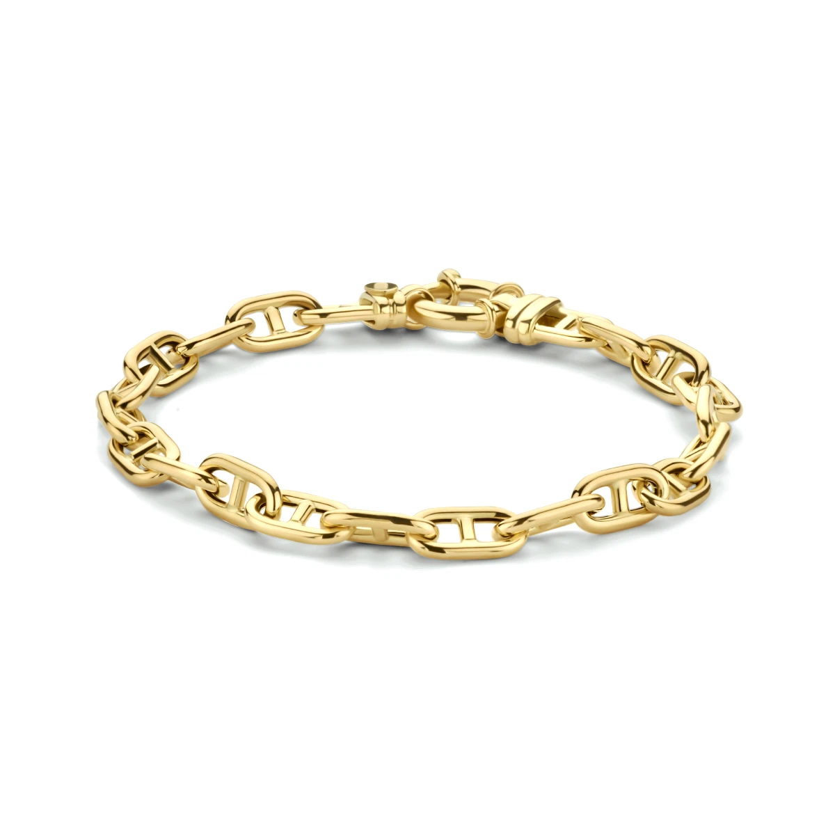 armband paperclip met balkje ronde buis 5,8 mm 19 cm met groot veerslot 14K geelgoud