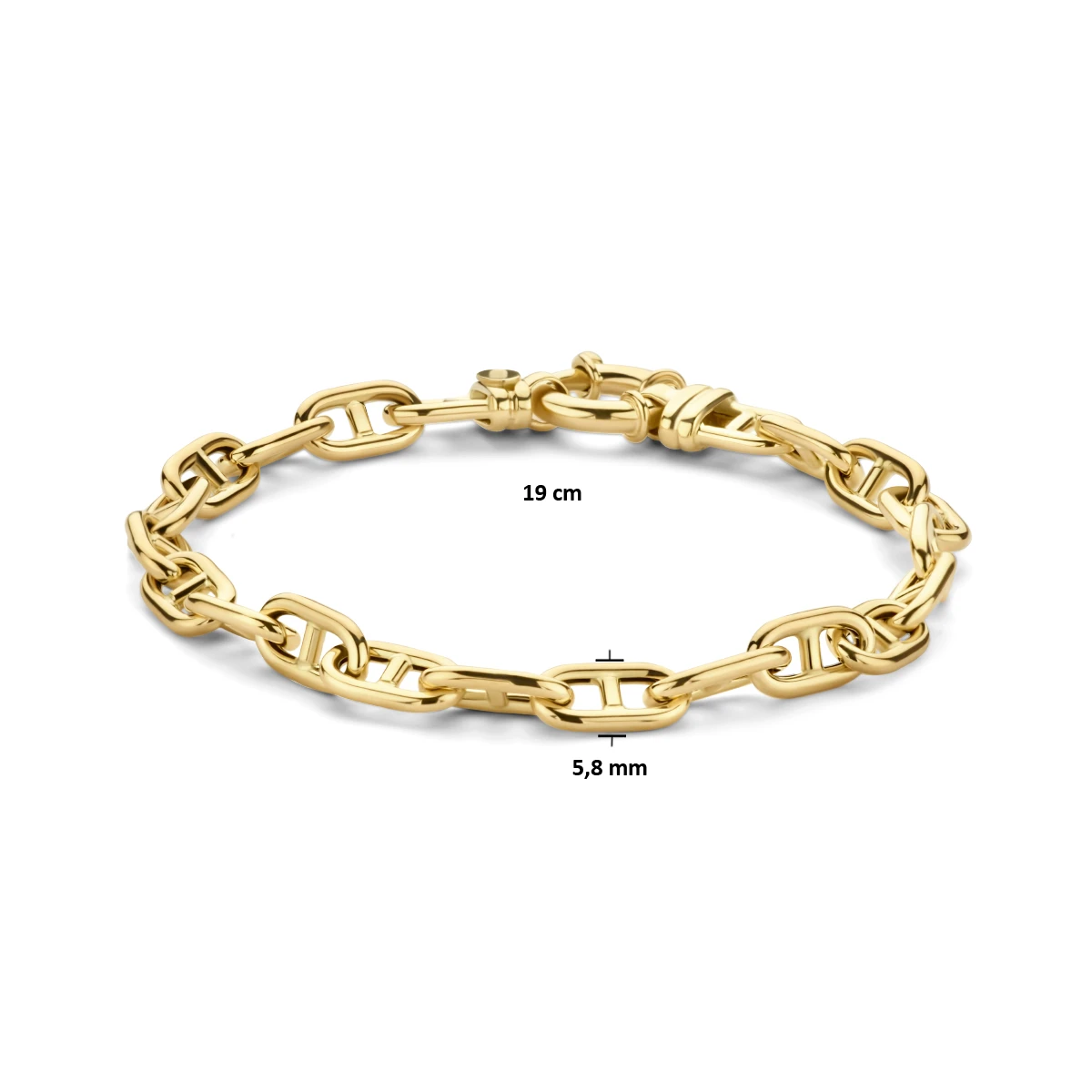 armband paperclip met balkje ronde buis 5,8 mm 19 cm met groot veerslot 14K geelgoud