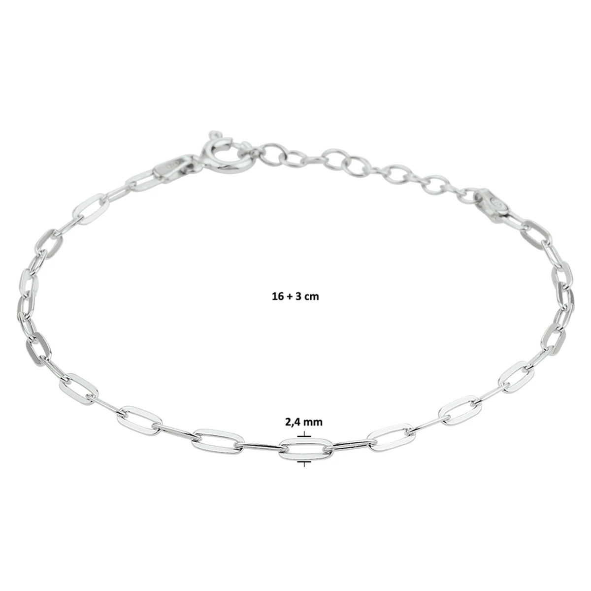 armband paperclip platte buis 2,4 mm 16 + 3 cm zilver gerhodineerd