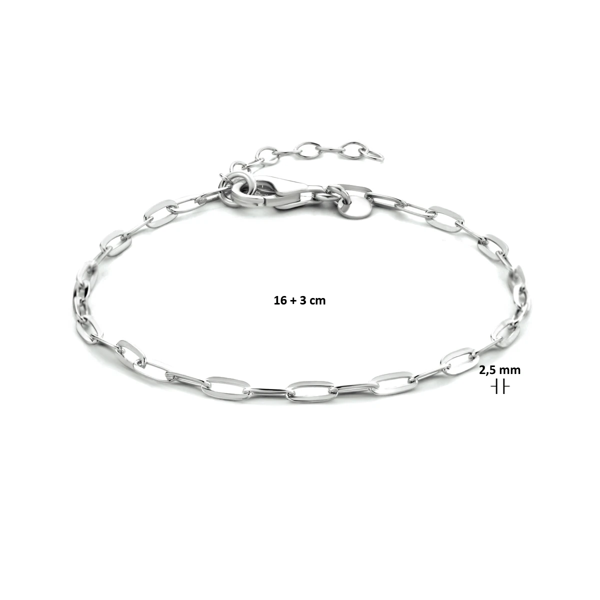 armband paperclip platte buis 2,5 mm 16 + 3 cm zilver gerhodineerd