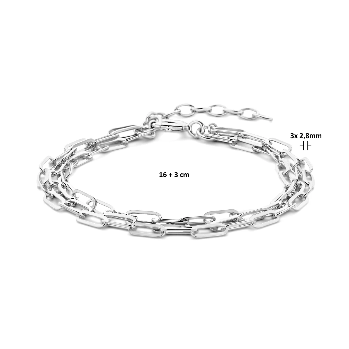 armband paperclip platte buis 2,8 mm 16 + 3 cm zilver gerhodineerd