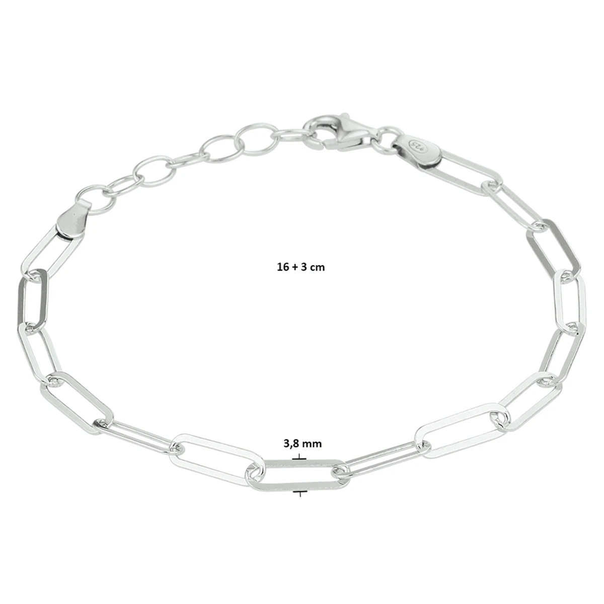 armband paperclip platte buis 3,8 mm 16 + 3 cm zilver gerhodineerd