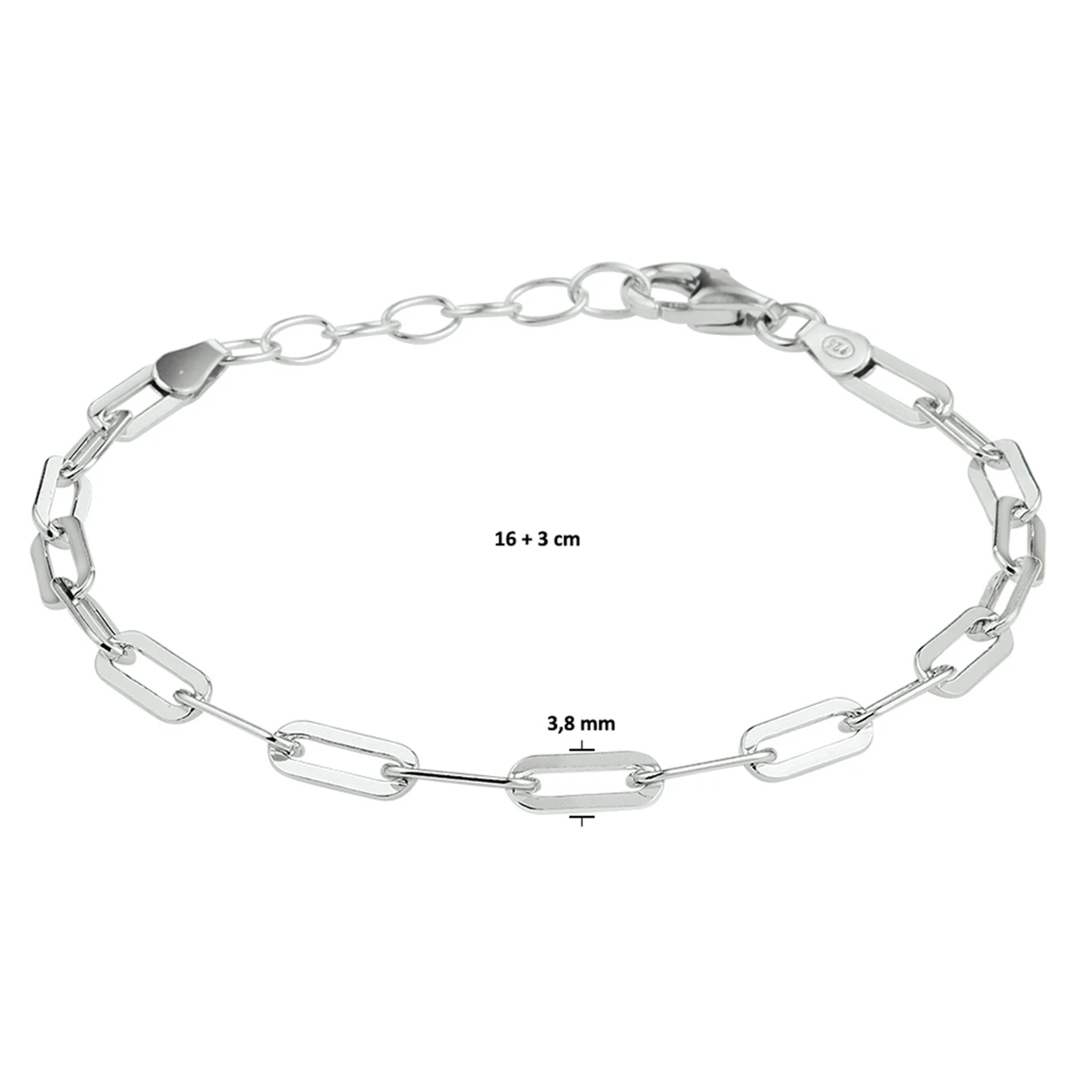 armband paperclip platte buis 3,8 mm 16 + 3 cm zilver gerhodineerd