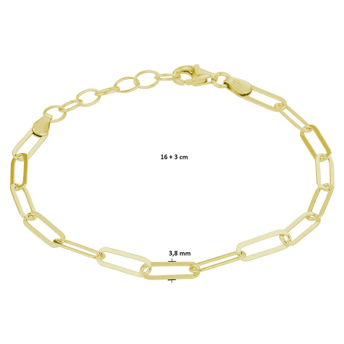 armband paperclip platte buis 3,8 mm 16 + 3 cm zilver verguld (geel)