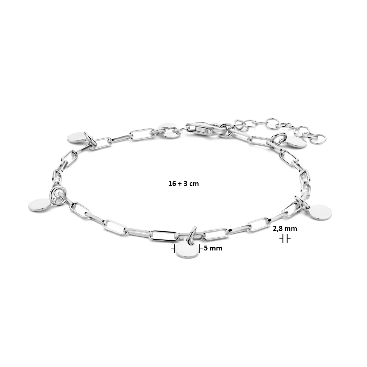 armband paperclip platte buis en rondjes 2,8 mm 16 + 3 cm zilver gerhodineerd