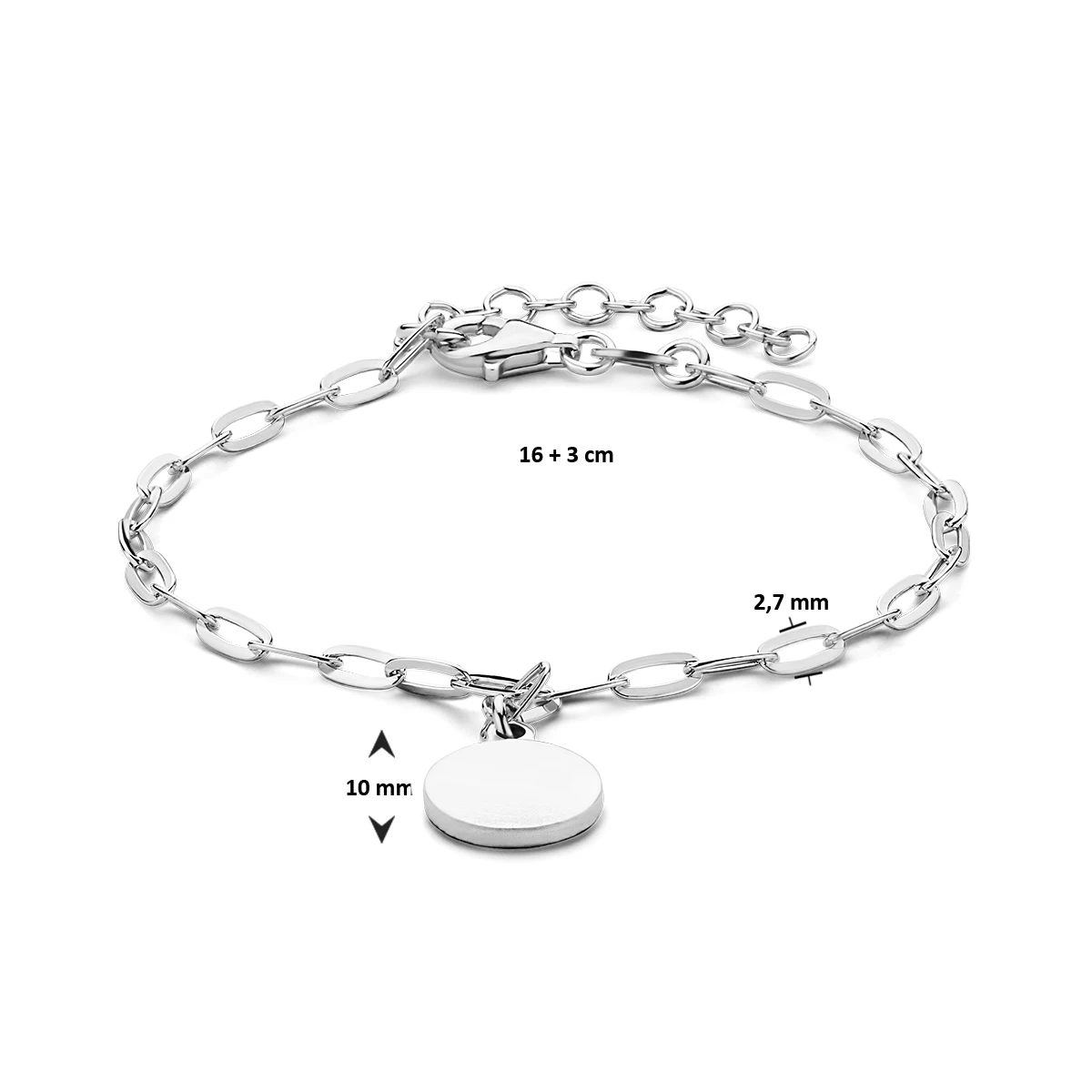 armband paperclip platte buis rondje 2,7 mm 16 + 3 cm zilver gerhodineerd