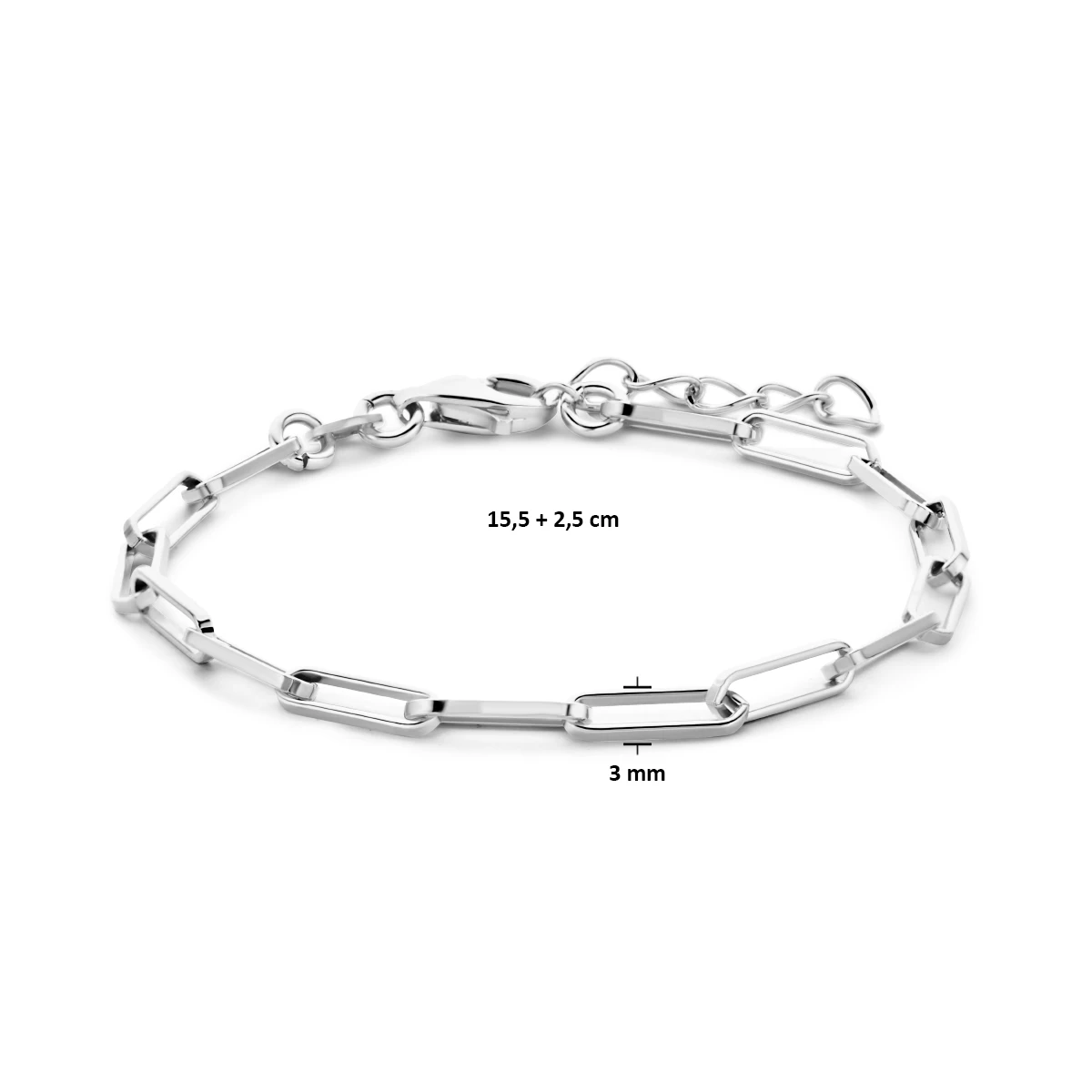 armband paperclip vierkante buis 3,0 mm 15,5 + 2,5 cm zilver gerhodineerd