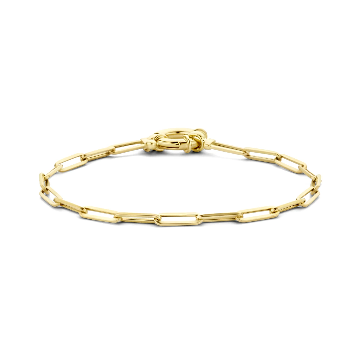 armband paperclip vierkante buis 3,0 mm 18 cm met groot veerslot 14K geelgoud