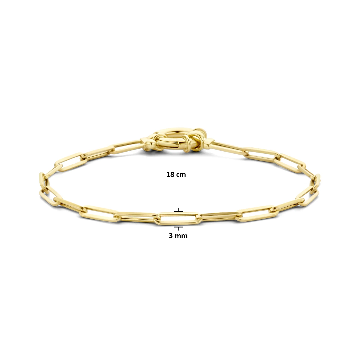 armband paperclip vierkante buis 3,0 mm 18 cm met groot veerslot 14K geelgoud