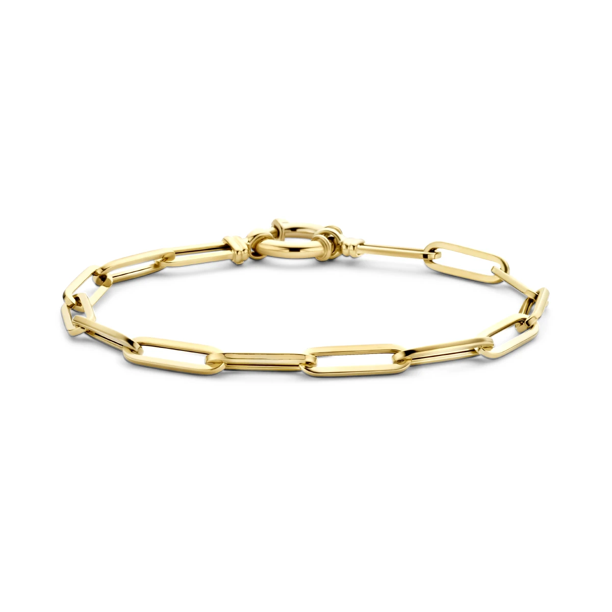 armband paperclip vierkante buis 4,5 mm 19 cm met groot veerslot 14K geelgoud