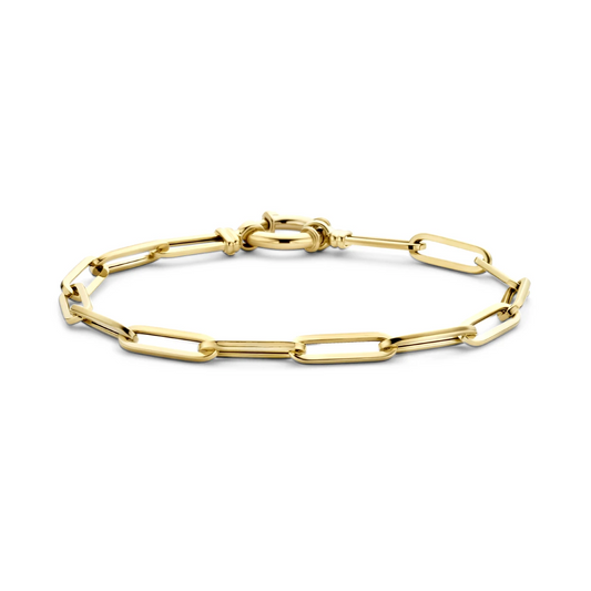armband paperclip vierkante buis 4,5 mm 19 cm met groot veerslot 14K geelgoud