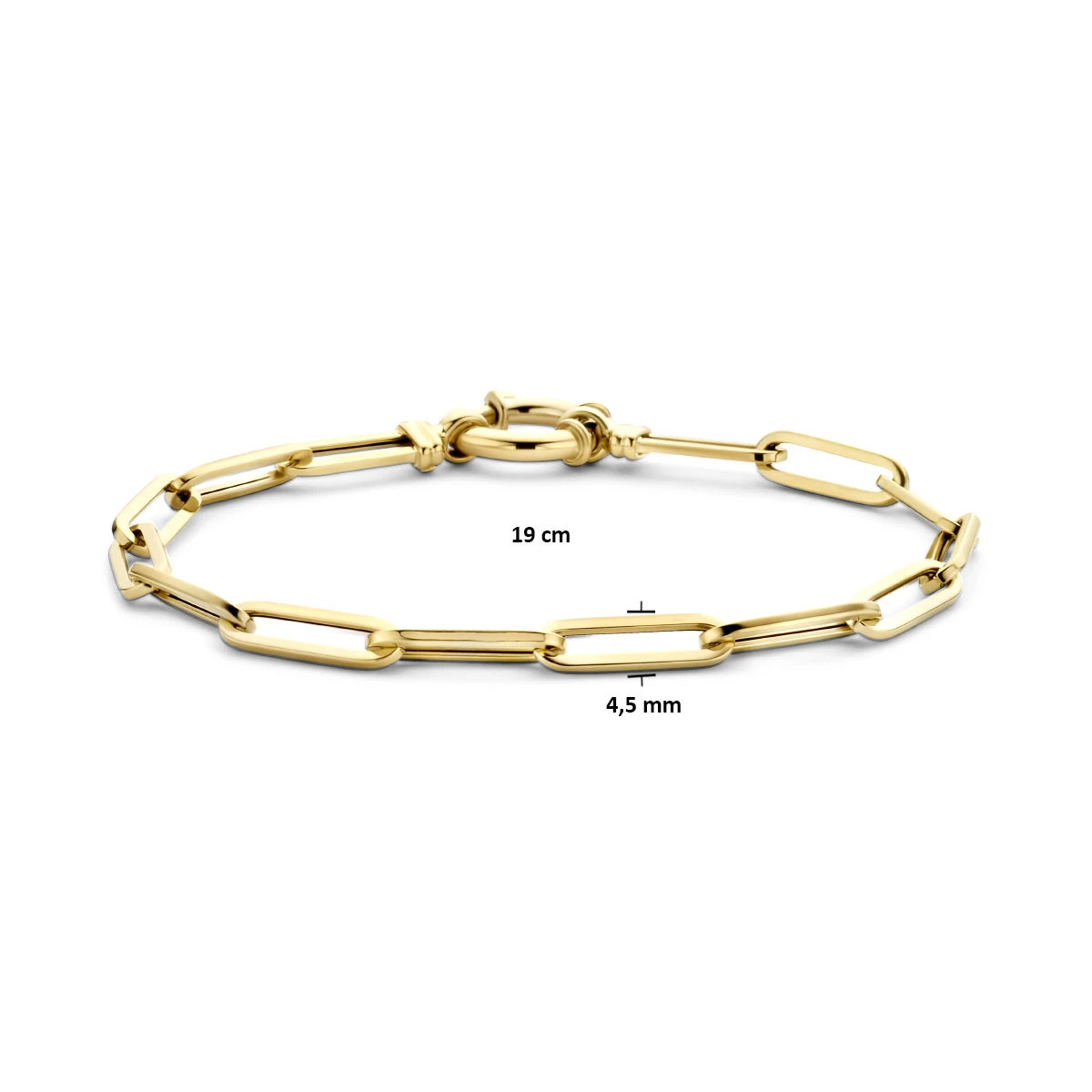 armband paperclip vierkante buis 4,5 mm 19 cm met groot veerslot 14K geelgoud