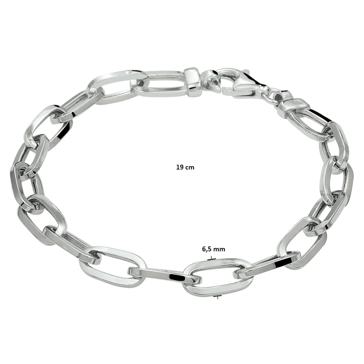 armband paperclip vierkante buis 6,5 mm 19 cm zilver gerhodineerd