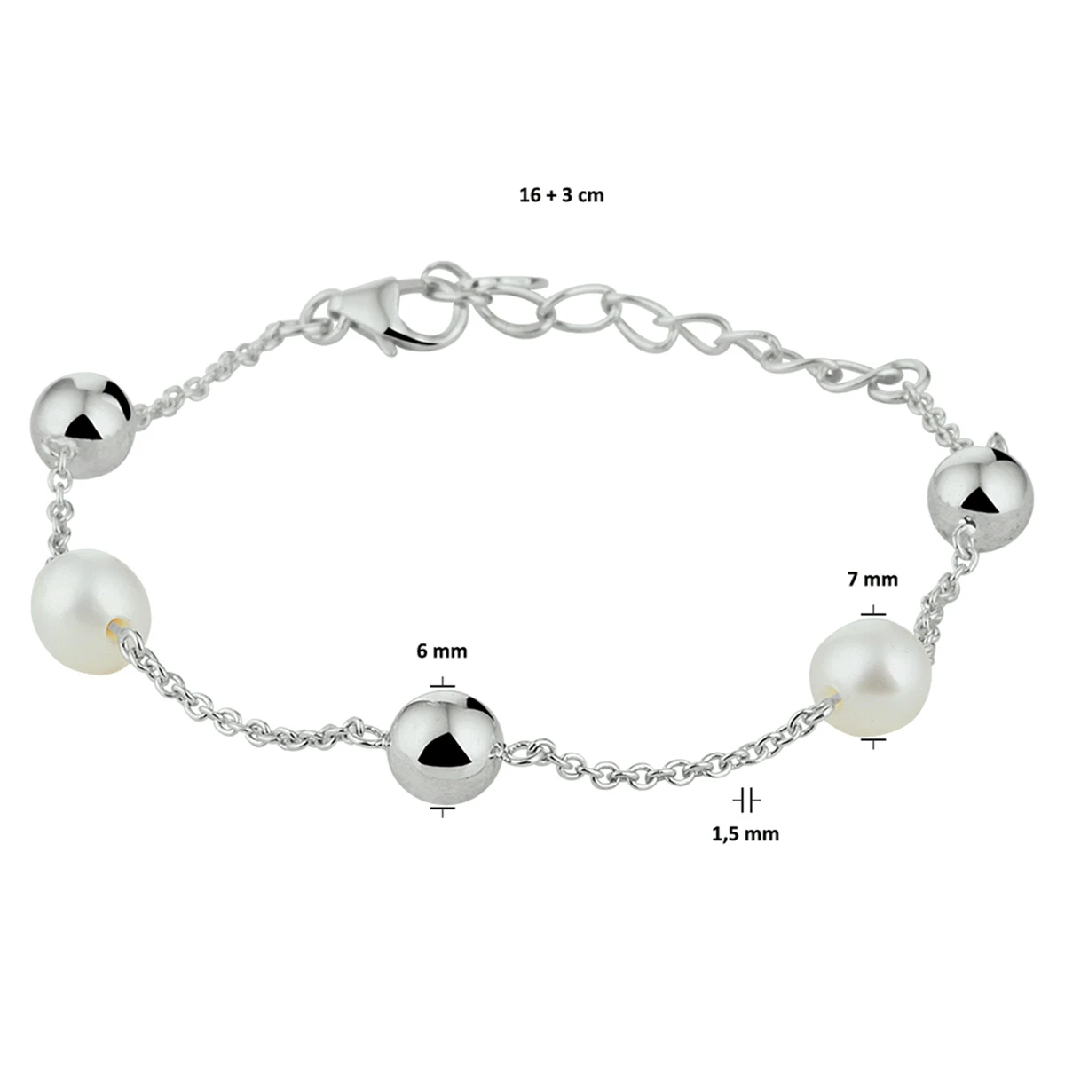 armband parel 16 + 3 cm zilver gerhodineerd