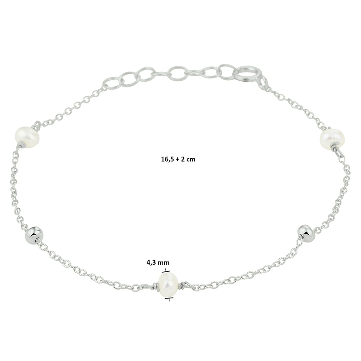 armband parel 16,5 + 2 cm zilver gerhodineerd