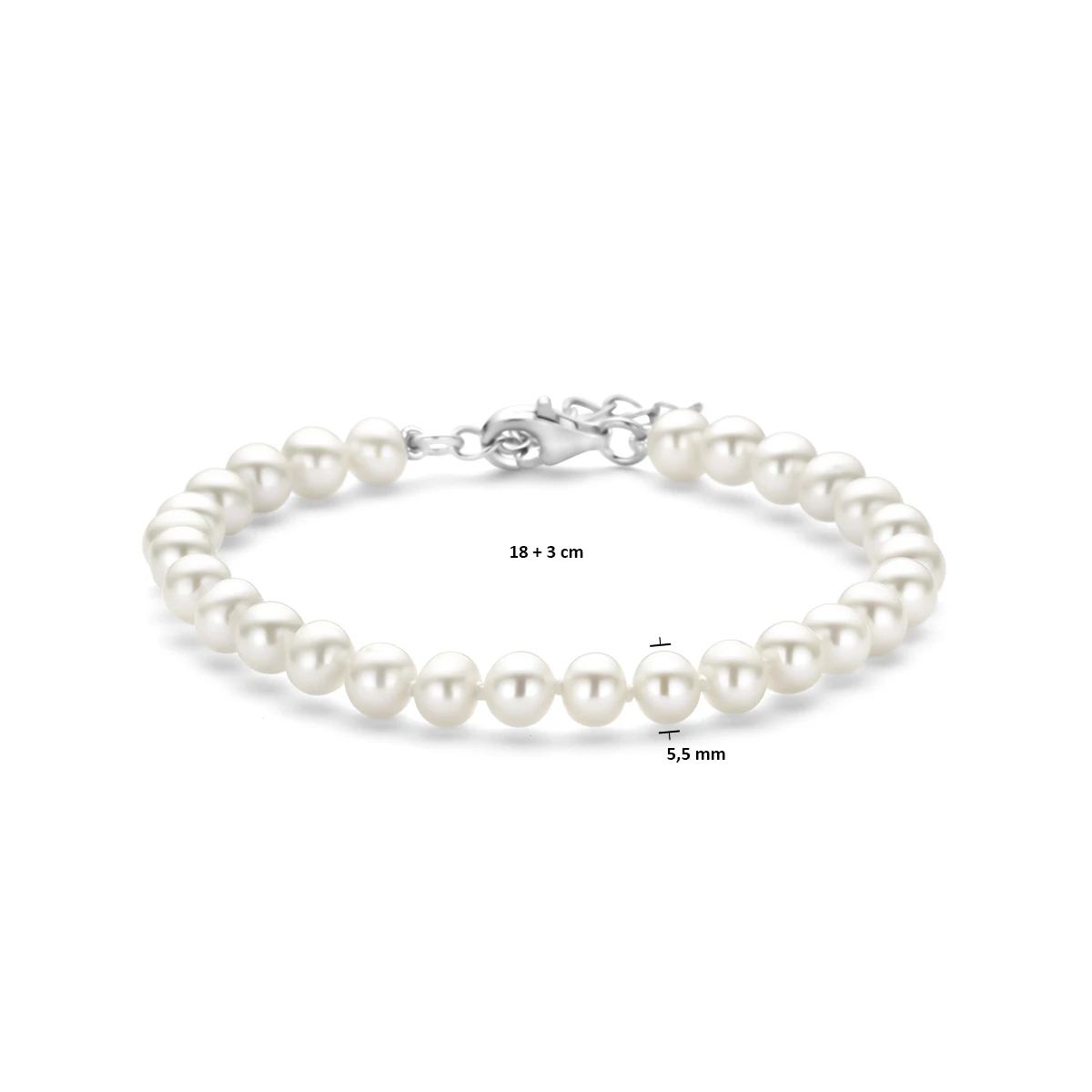 armband parel 5,5 mm 18 + 3 cm zilver gerhodineerd