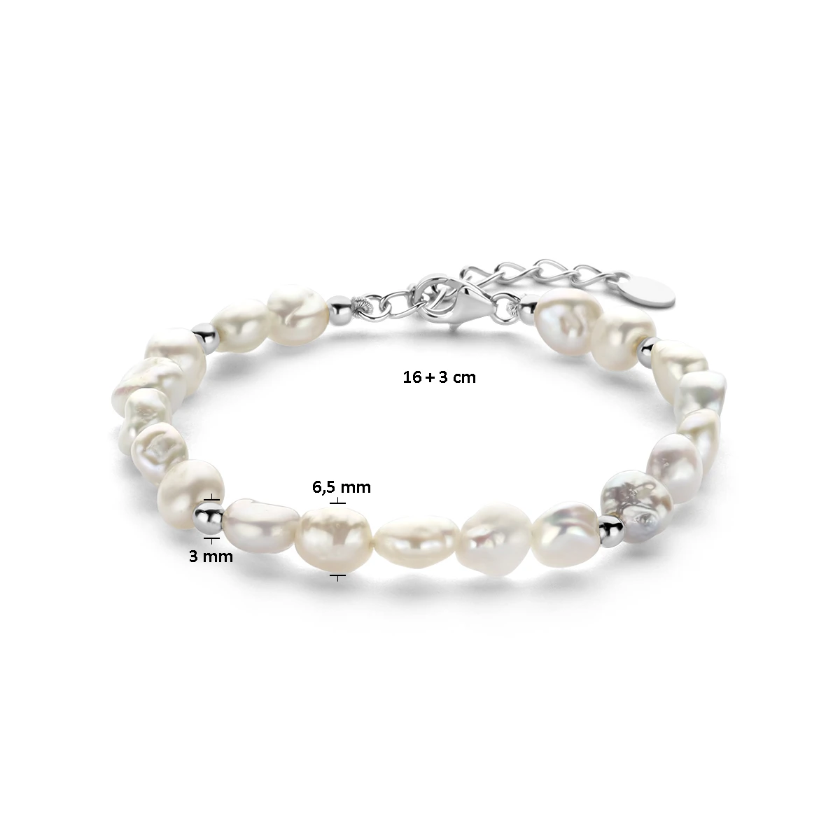 armband parel barok 16 + 3 cm zilver gerhodineerd