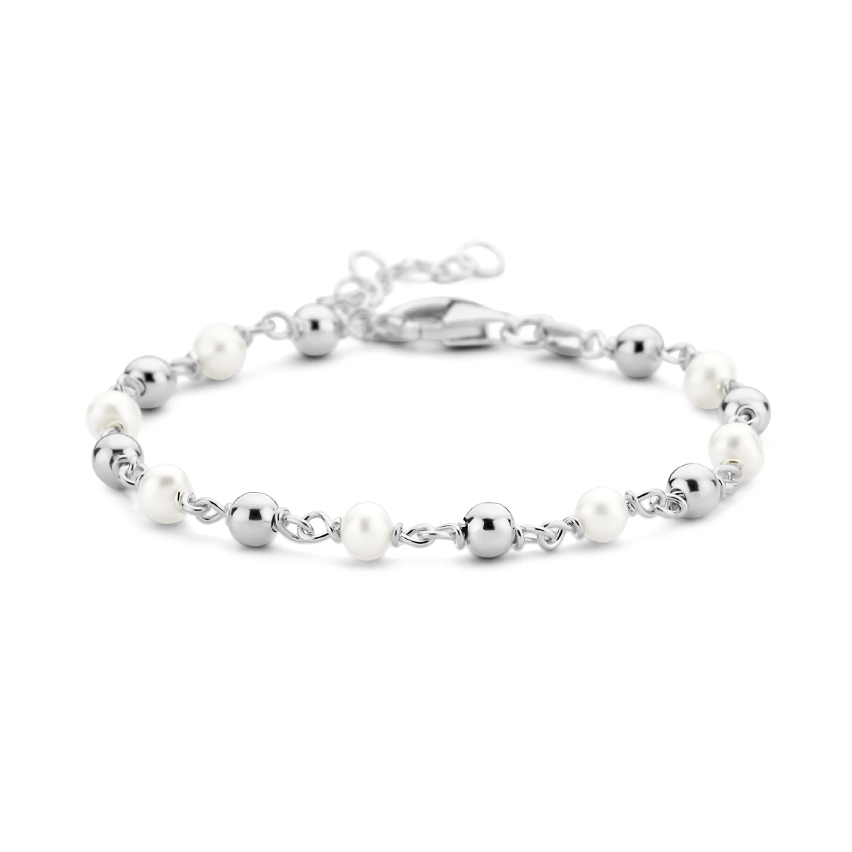 armband parel en bolletjes 16 + 3 cm zilver gerhodineerd