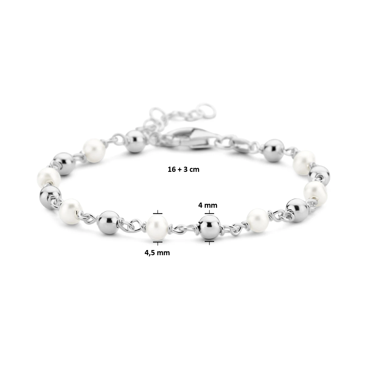 armband parel en bolletjes 16 + 3 cm zilver gerhodineerd