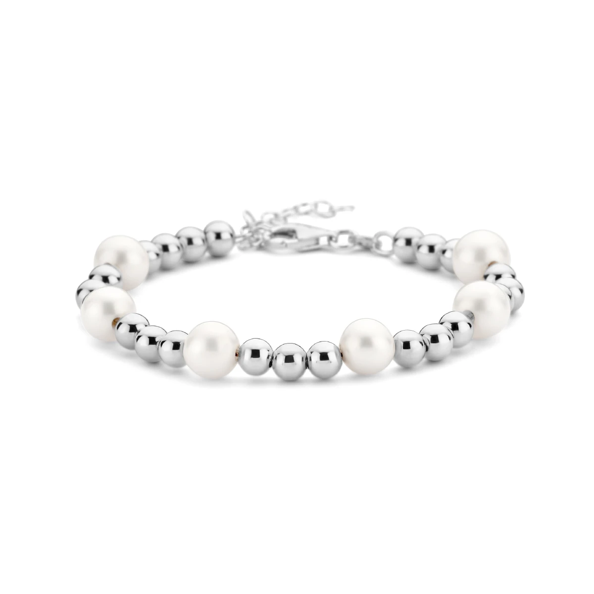 armband parel en bolletjes 17 + 3 cm zilver gerhodineerd