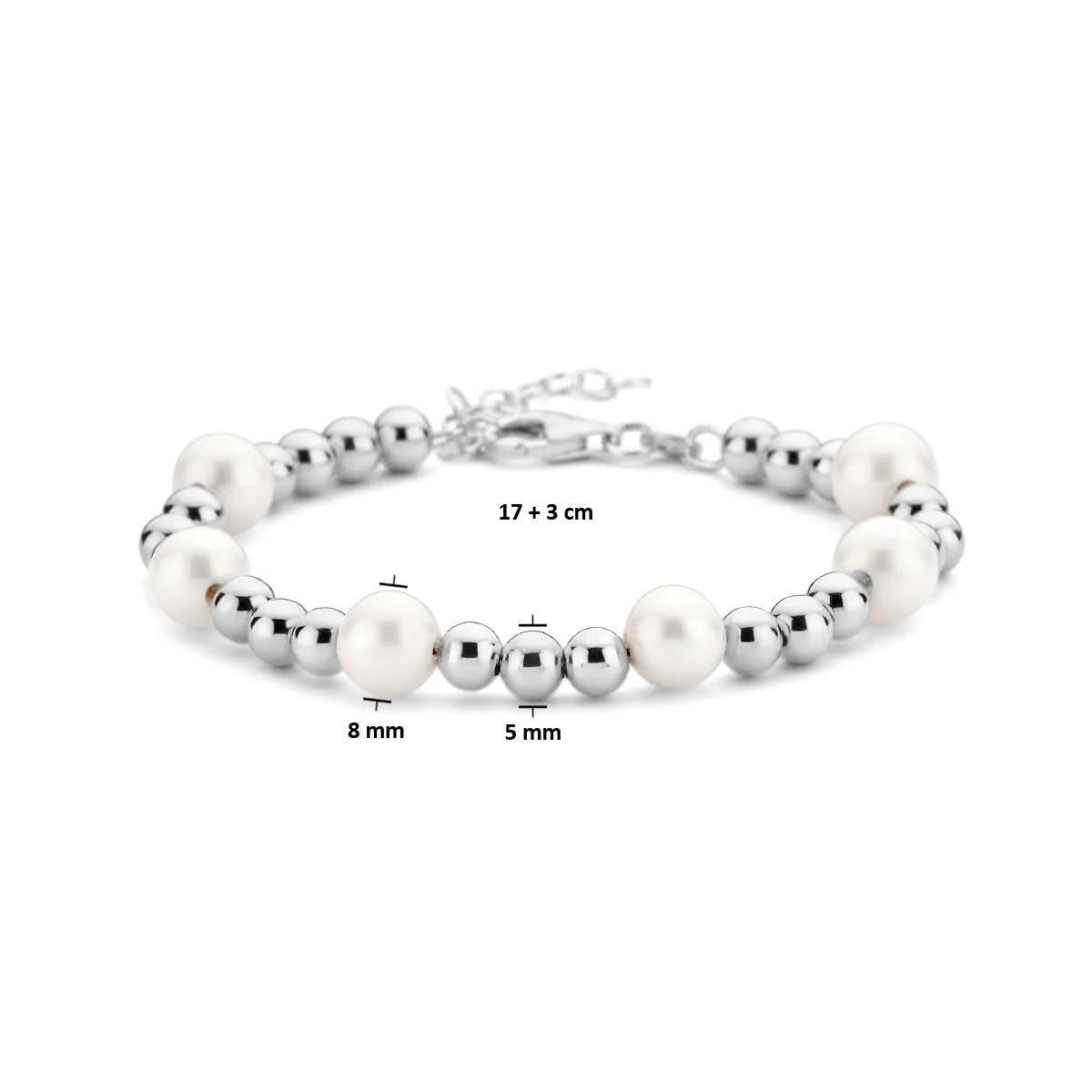 armband parel en bolletjes 17 + 3 cm zilver gerhodineerd