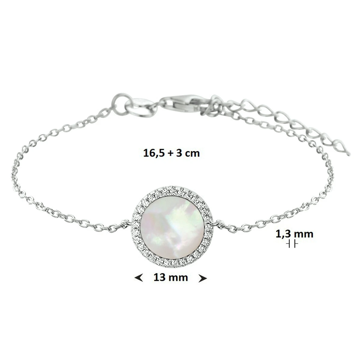 armband parelmoer en zirkonia 16,5 + 3 cm zilver gerhodineerd