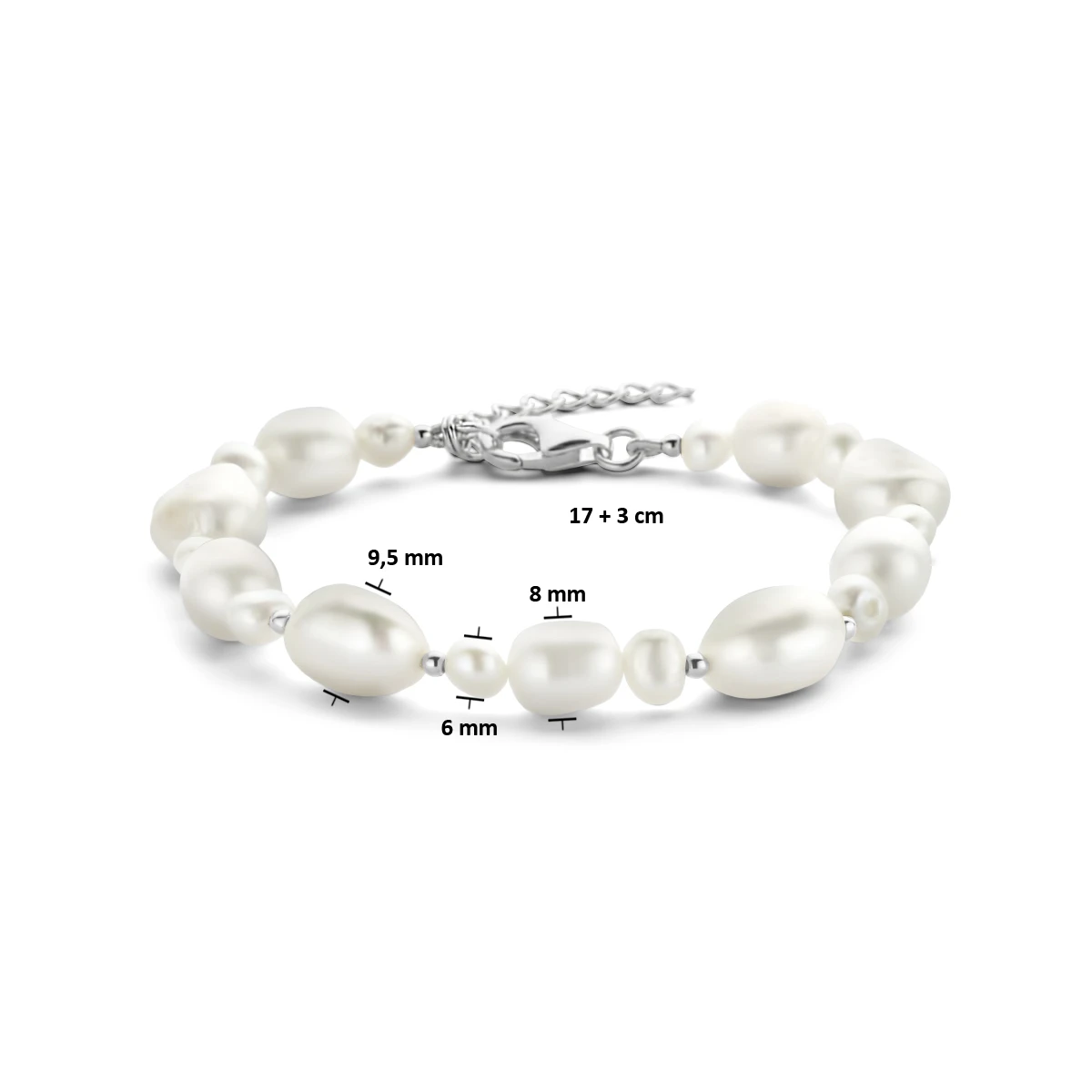 armband parels 17 + 3 cm zilver gerhodineerd