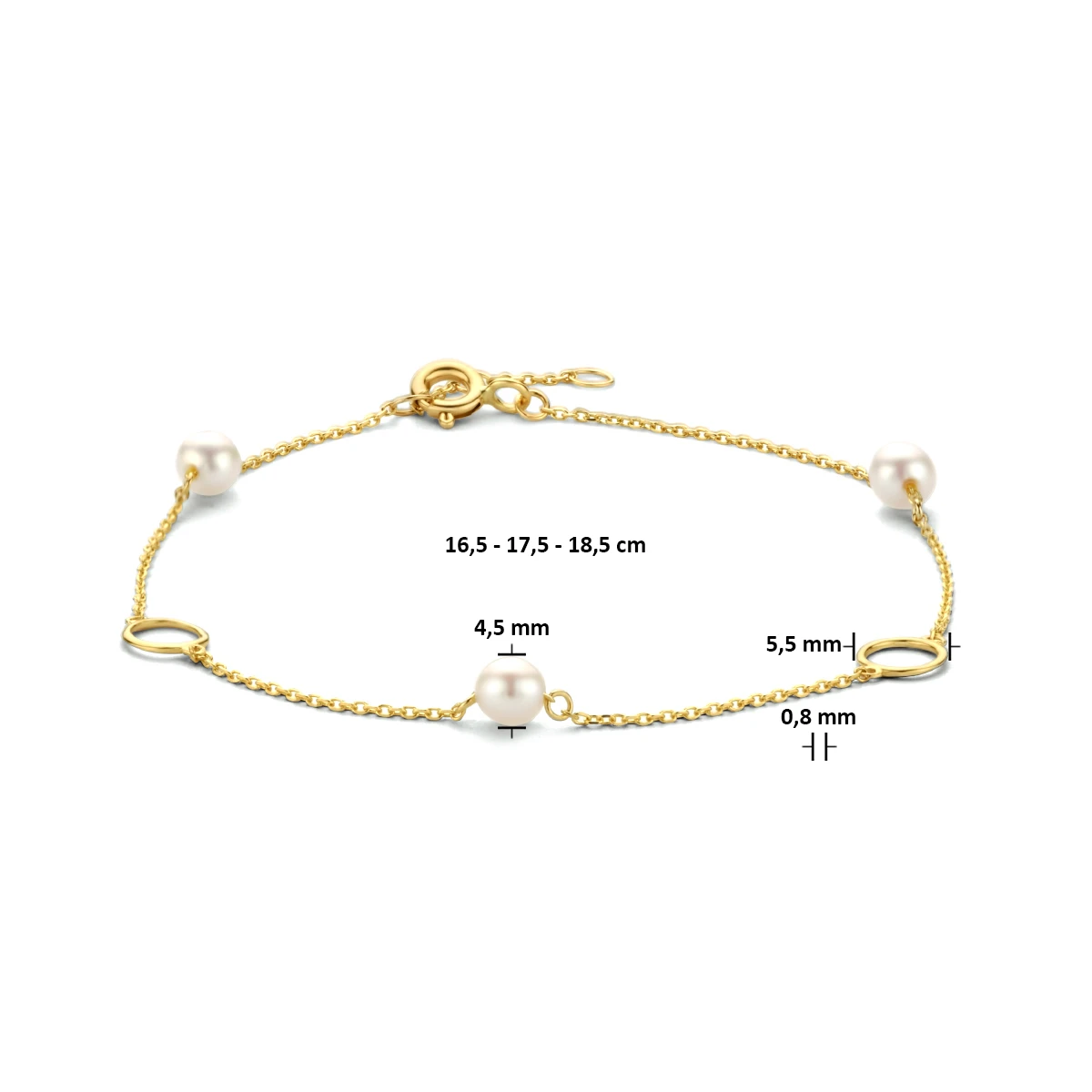 armband parels en rondjes 16,5 - 17,5 - 18,5 cm 14K geelgoud