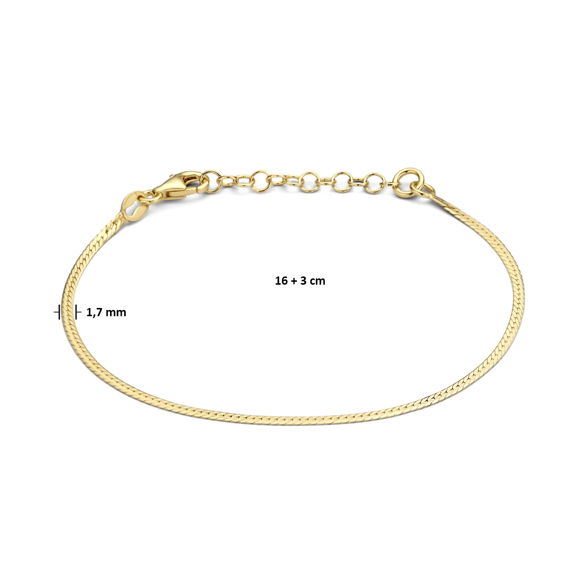 armband plat 1,7 mm 16 + 3 cm 3 micron zilver verguld (geel)