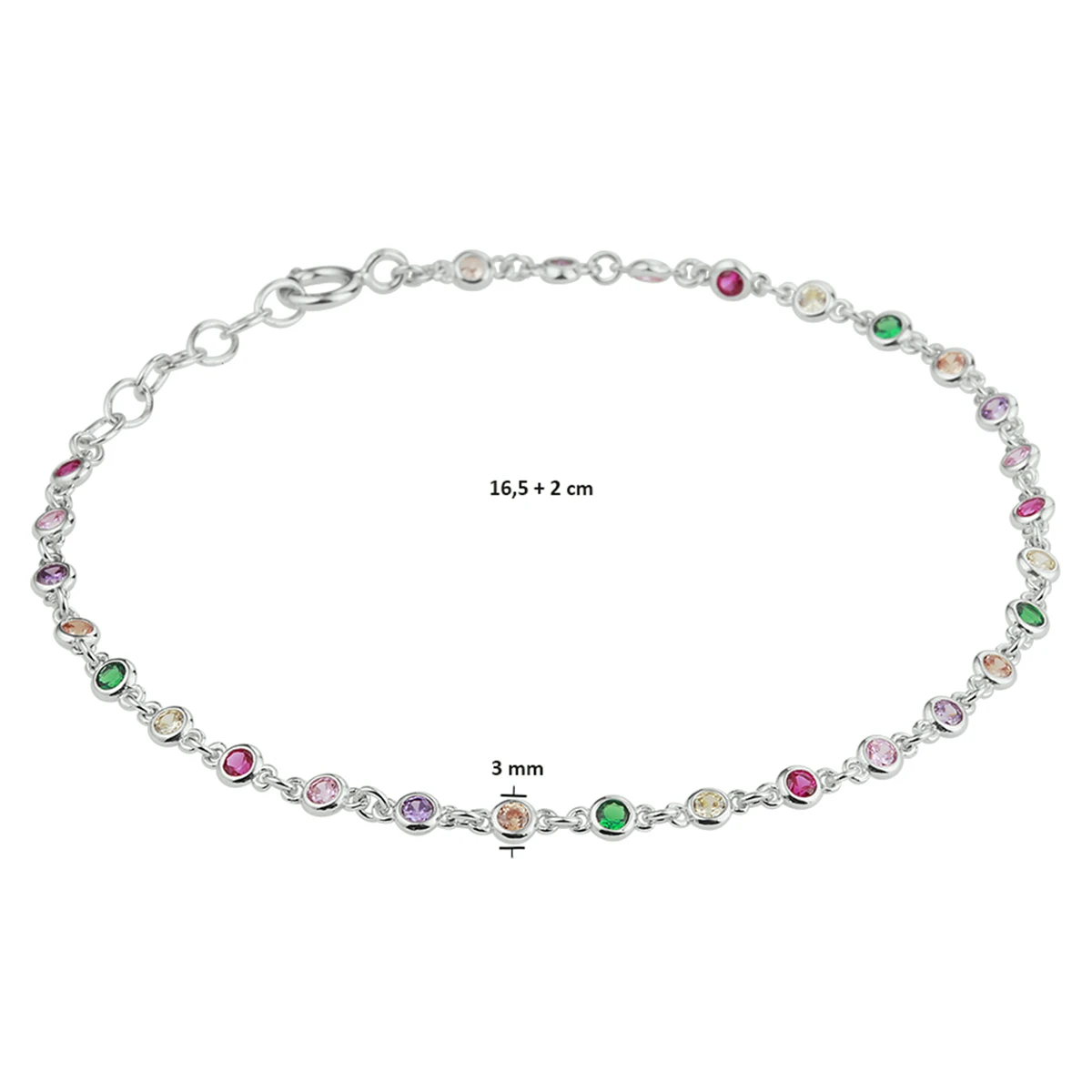 armband regenboog zirkonia 16,5 + 2 cm zilver gerhodineerd