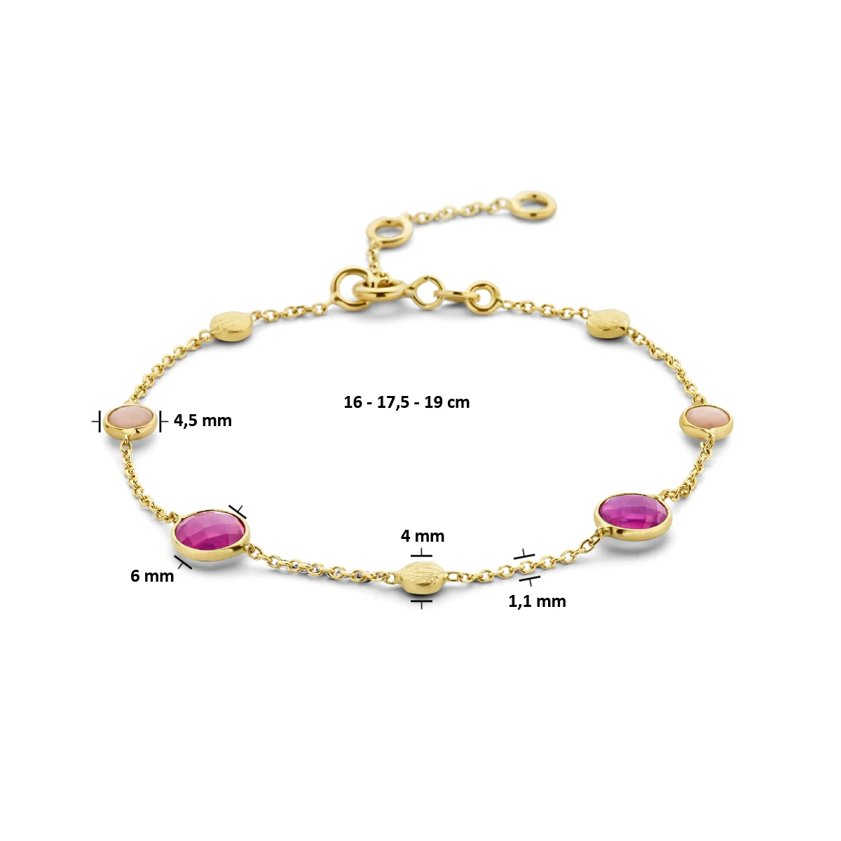 armband robijn, opaal en rondjes 16 - 17,5 - 19 cm 14K geelgoud