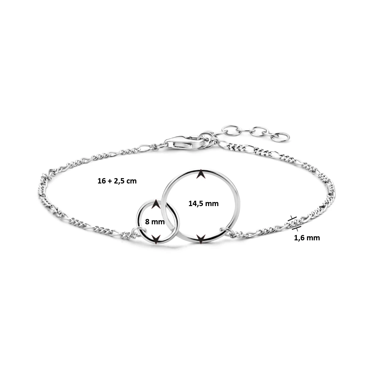 armband rondjes 16 + 2,5 cm zilver gerhodineerd