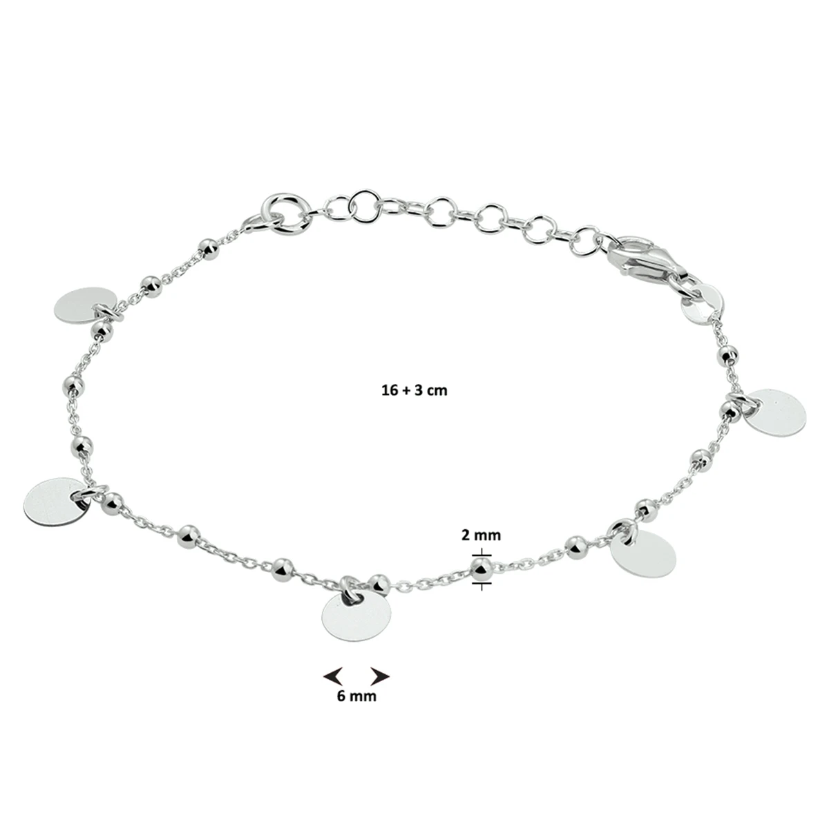 armband rondjes 16 + 3 cm zilver gerhodineerd