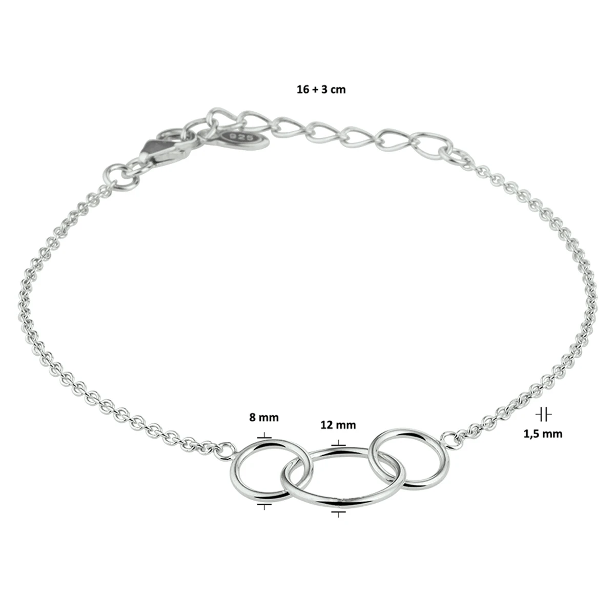 armband rondjes 16 + 3 cm zilver gerhodineerd