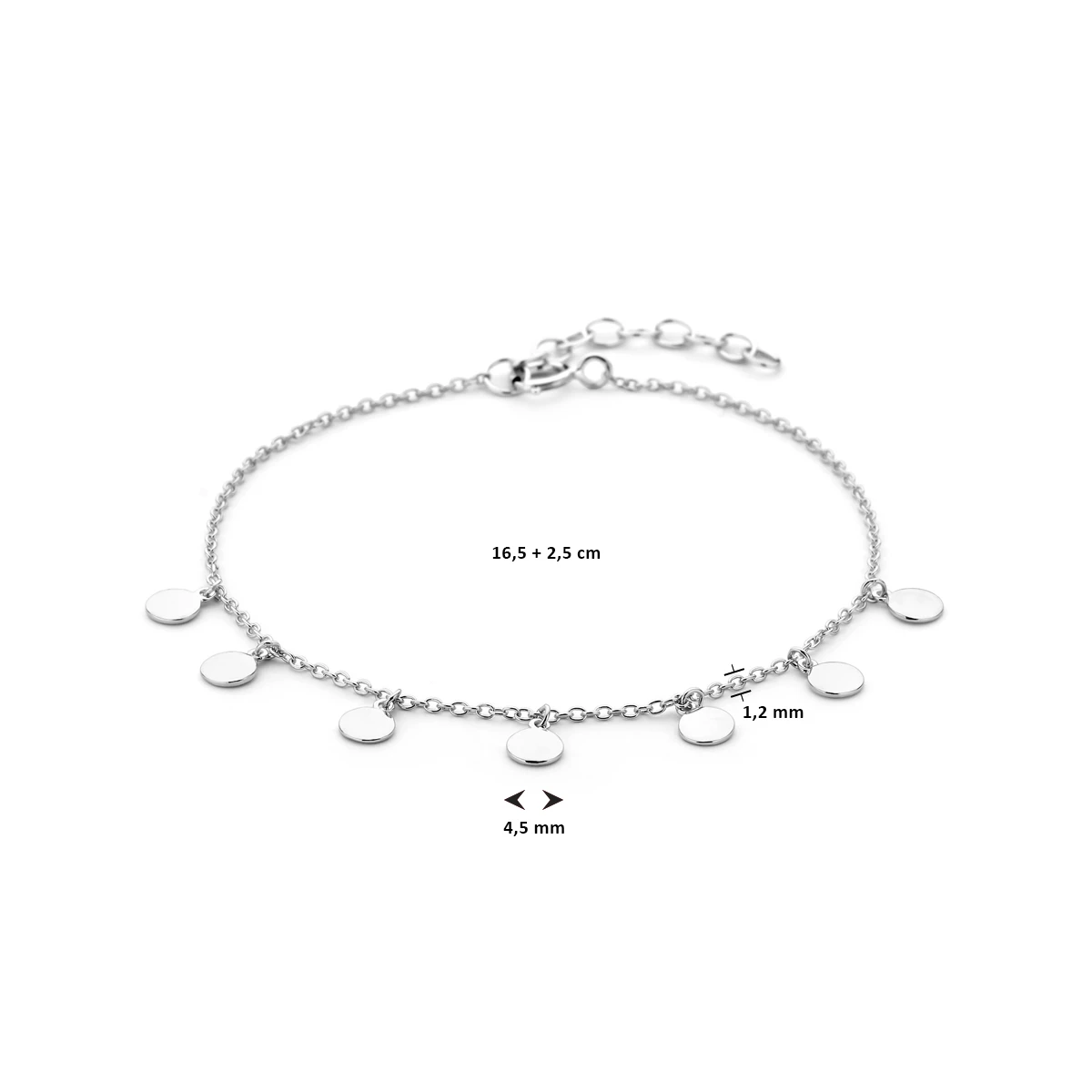 armband rondjes 16,5 + 2,5 cm zilver gerhodineerd
