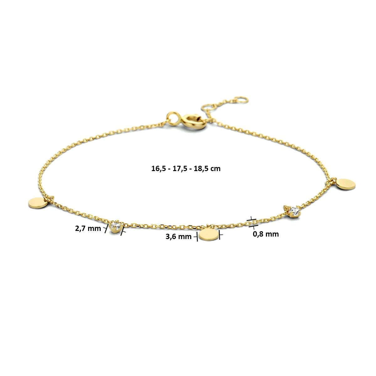 armband rondjes zirkonia 16,5 - 17,5 - 18,5 14K geelgoud