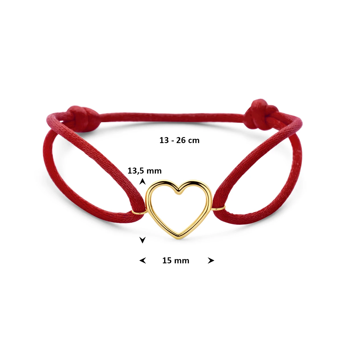armband rood satijn hartje 13 - 26 cm 14K goud met rubber/nylon/leer