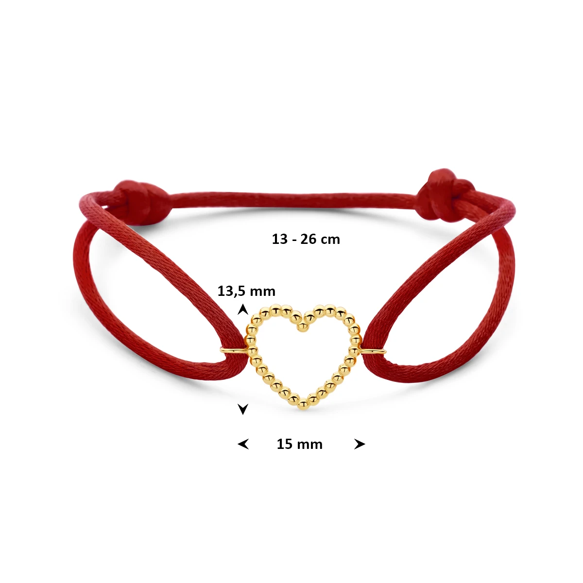 armband rood satijn hartje 13 - 26 cm 14K goud met rubber/nylon/leer