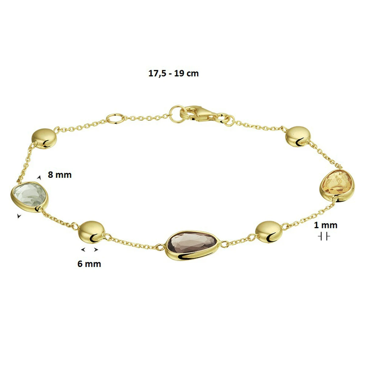 armband rookkwarts, citrien en amethist 17,5 – 19 cm 14K geelgoud