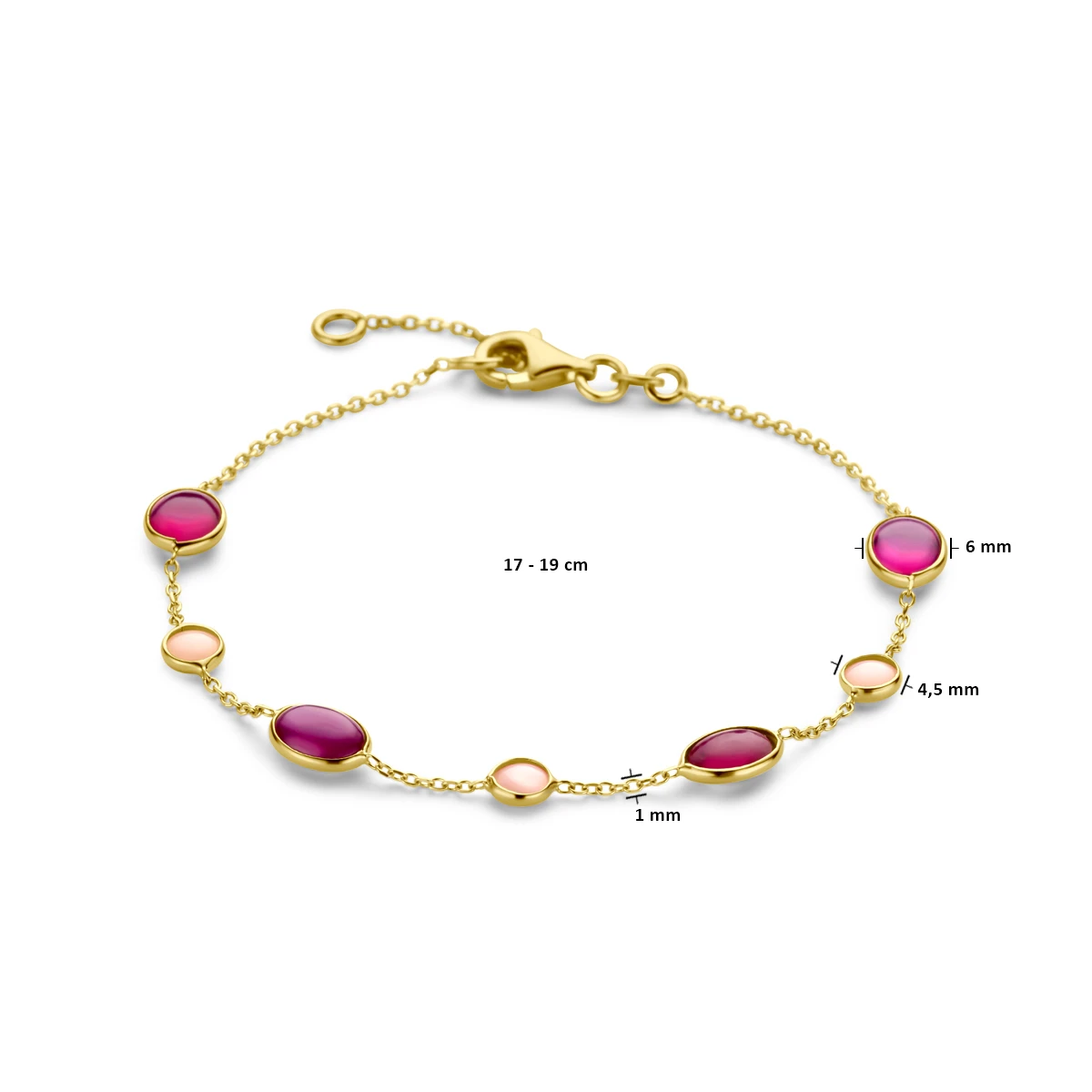 armband roze opaal en robijn 17 - 19 cm 14K geelgoud