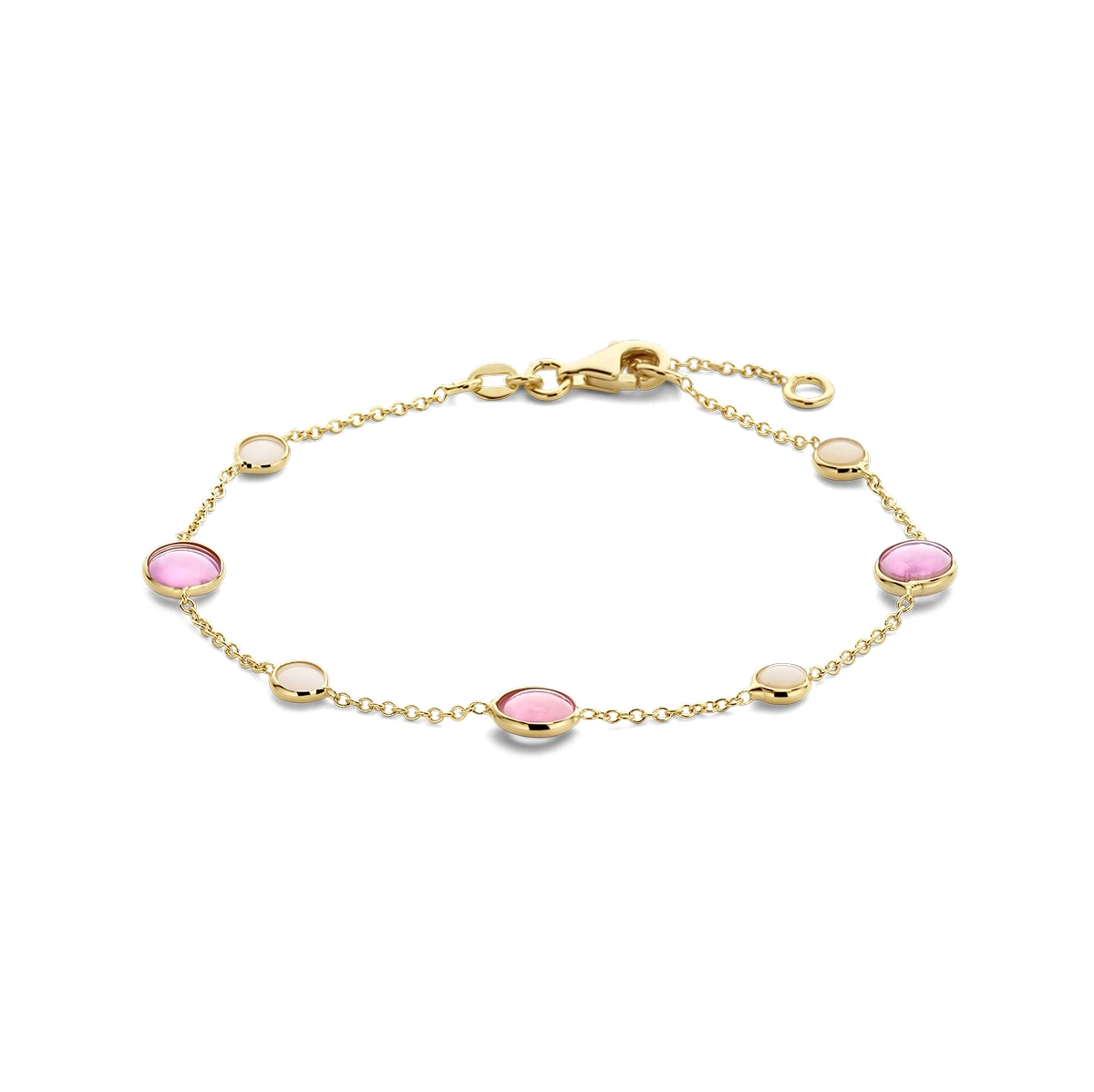 armband roze robijn en roze opaal 17 - 19 cm 14K geelgoud