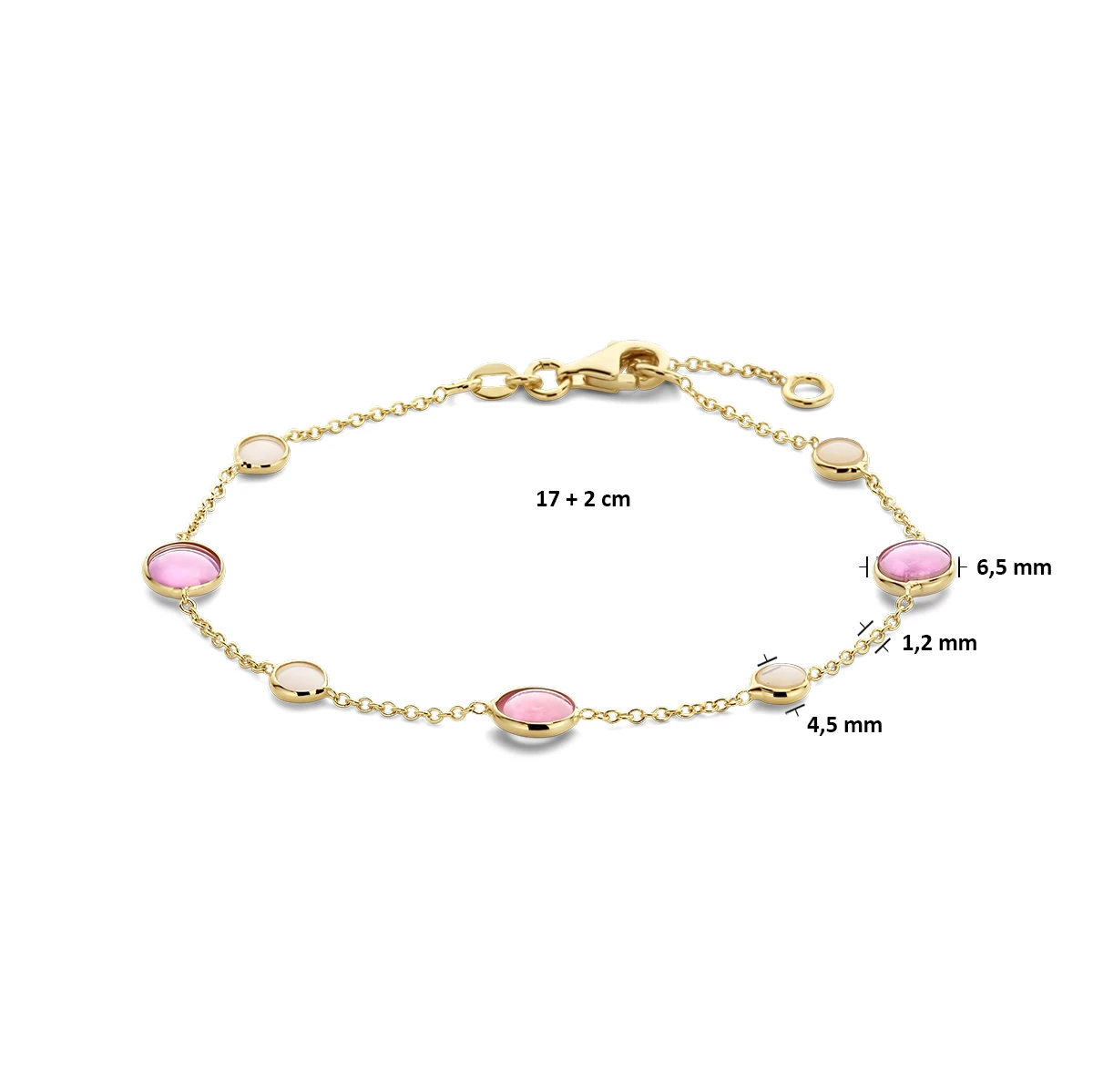 armband roze robijn en roze opaal 17 - 19 cm 14K geelgoud