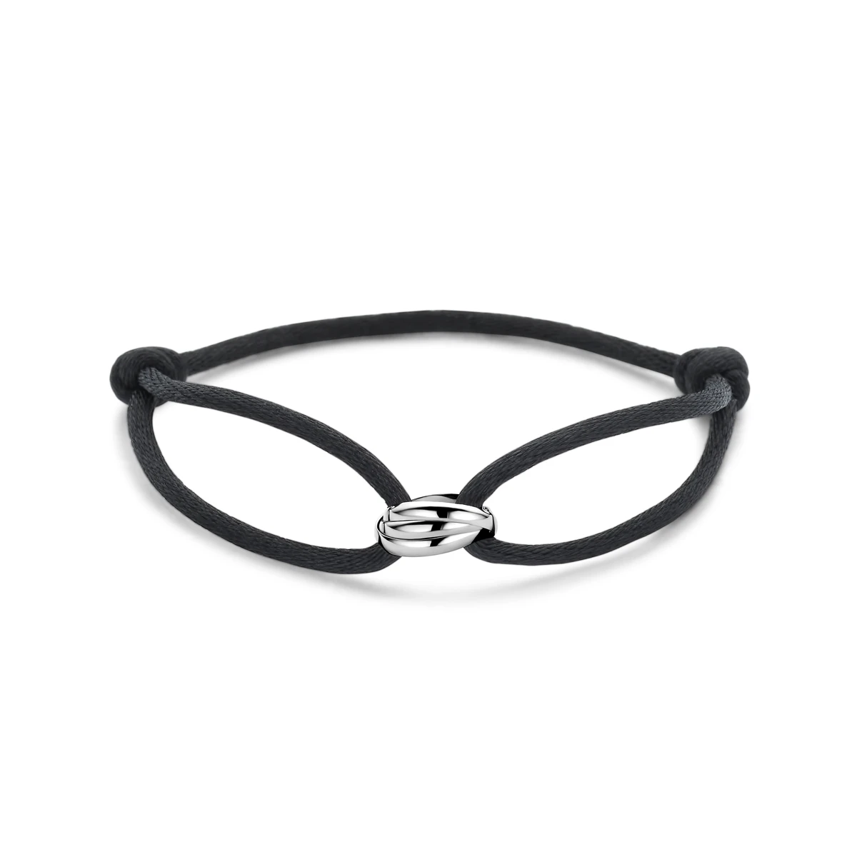 armband satijn zwart 13 - 26 cm zilver gerhodineerd met rubber/nylon/leer