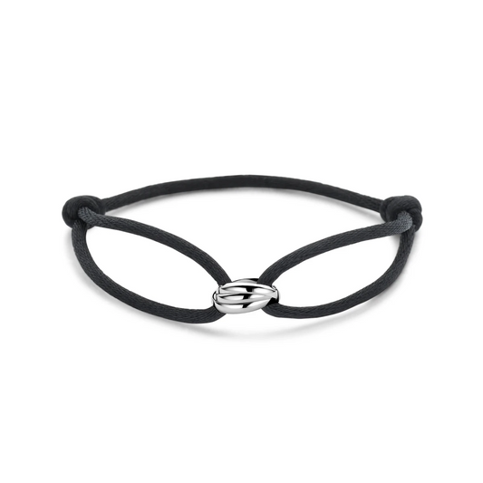 armband satijn zwart 13 - 26 cm zilver gerhodineerd met rubber/nylon/leer