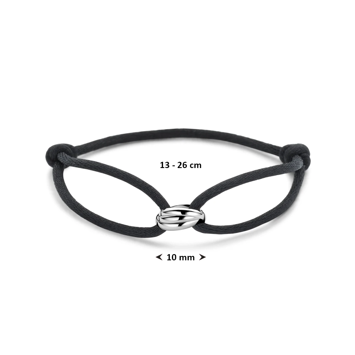 armband satijn zwart 13 - 26 cm zilver gerhodineerd met rubber/nylon/leer