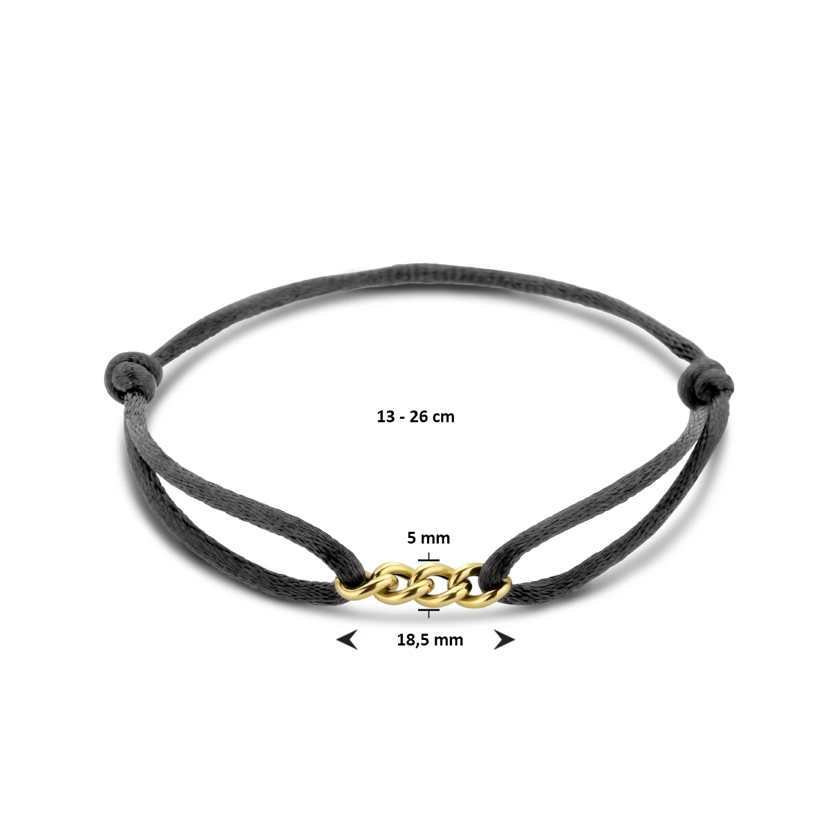 armband satijn zwart 13 - 26 cm 14K goud met rubber/nylon/leer